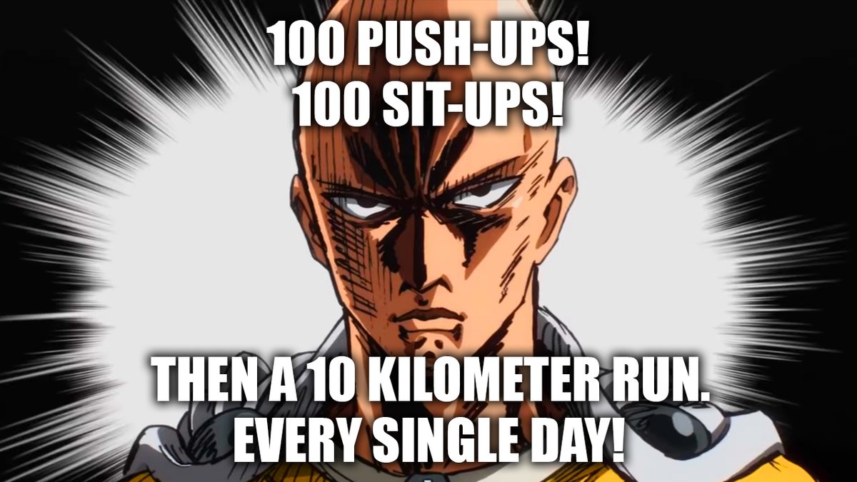 MakinaCombat's tweet photo. Master Saitama shares his #calisthenics routine then grants some wisdom "You gotta train like hell to the point where your hair falls out." #Fitness https://t.co/gUvR80iq61