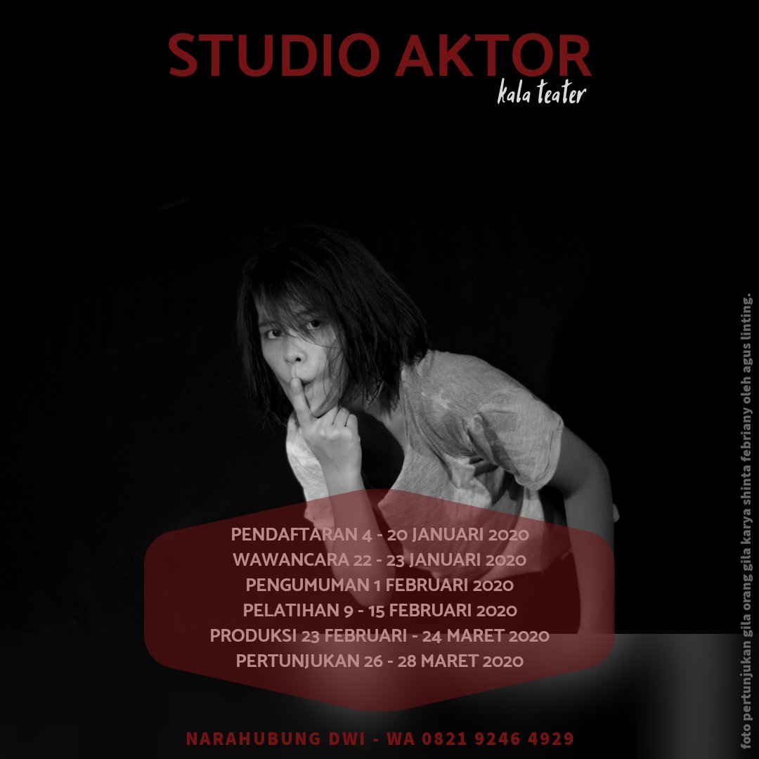 kalateater's tweet photo. Halo!
Dengan hati senang kami umumkan bahwa program Studio Aktor telah resmi dibuka. Studio Aktor adalah program dua tahunan Kala Teater yang diinisiasi sejak tahun 2008.
Sila daftar di https://t.co/GnbD8GXWh4
#kalateater #studioaktor #actorstudio https://t.co/5bD8JZAY0u