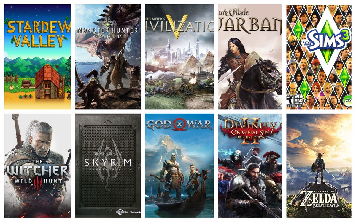 Dorkciferous's tweet photo. #GamesOfTheDecade 

The Witcher 3 Wild Hunt
Zelda Breath of the Wild
The Sims 3
Mount &amp; Blade Warband
Skyrim
Divinity Original Sin 2
Monster Hunter World
Stardew Valley
God of War
Civilization V

Thank you @julesie__ for the idea! <3
What is your favorite game of the decade? https://t.co/eJ9C6pbtLk