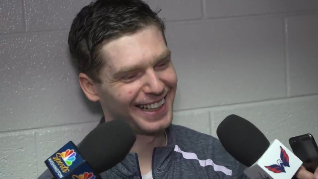 JustCapsTweets's tweet photo. Quotable Kuzy: "I think you guys should talk more about how Sammy's good. I don't even heard one word how good he is, right? Because he's...because he's Russian, right? (cackle, cackle)" 😂 #ALLCAPS #CapsCanes #KuzyMagic https://t.co/8KNx8Zws9i