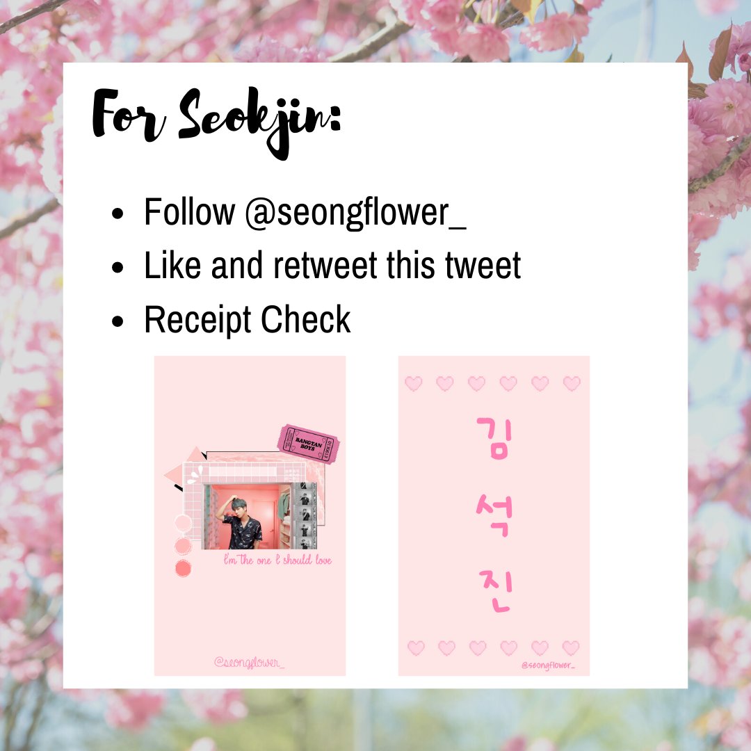 seongflower_'s tweet photo. For Seokjin:

- Follow @seongflower_ 
- Like and retweet this tweet 
- Receipt Check  

Location: Most of the BTS cafes 
*Will give an update on the cafes I going* 

Time: TBC

*Strictly no reselling*

@BTS_LYScafe #BTSLYScafe @BEYONDLOVESG #beyondlovesg https://t.co/pZzPHXvk1b