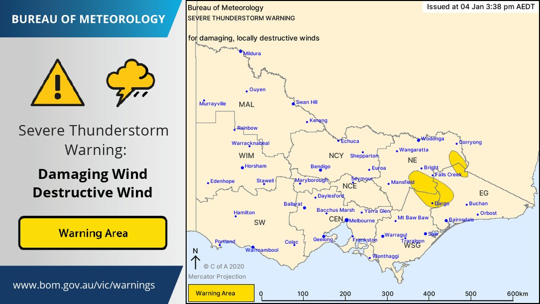 BOM_Vic's tweet photo. The warning for Severe Thunderstorms in easterm #Victoria has been updated. Erratic, gusty conditions associated with fire initiated thunderstorms are still a risk for these parts. #VicFires @vicemergency @vicsesnews https://t.co/miQZbUDlT8