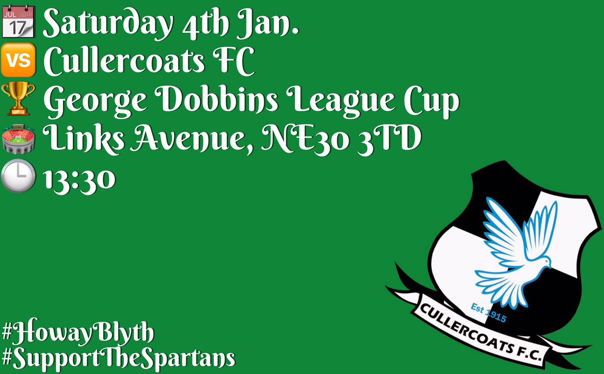 Matchday for <a href="/BlythSpartanRes/">Blyth Spartans Res</a>!

📆 Saturday 4th Jan.
🆚 @cullercoats_fc 
🏆 George Dobbins League Cup
🏟 Links Avenue, NE30 3TD
🕒 13:30

#HowayBlyth
#SupportTheSpartans