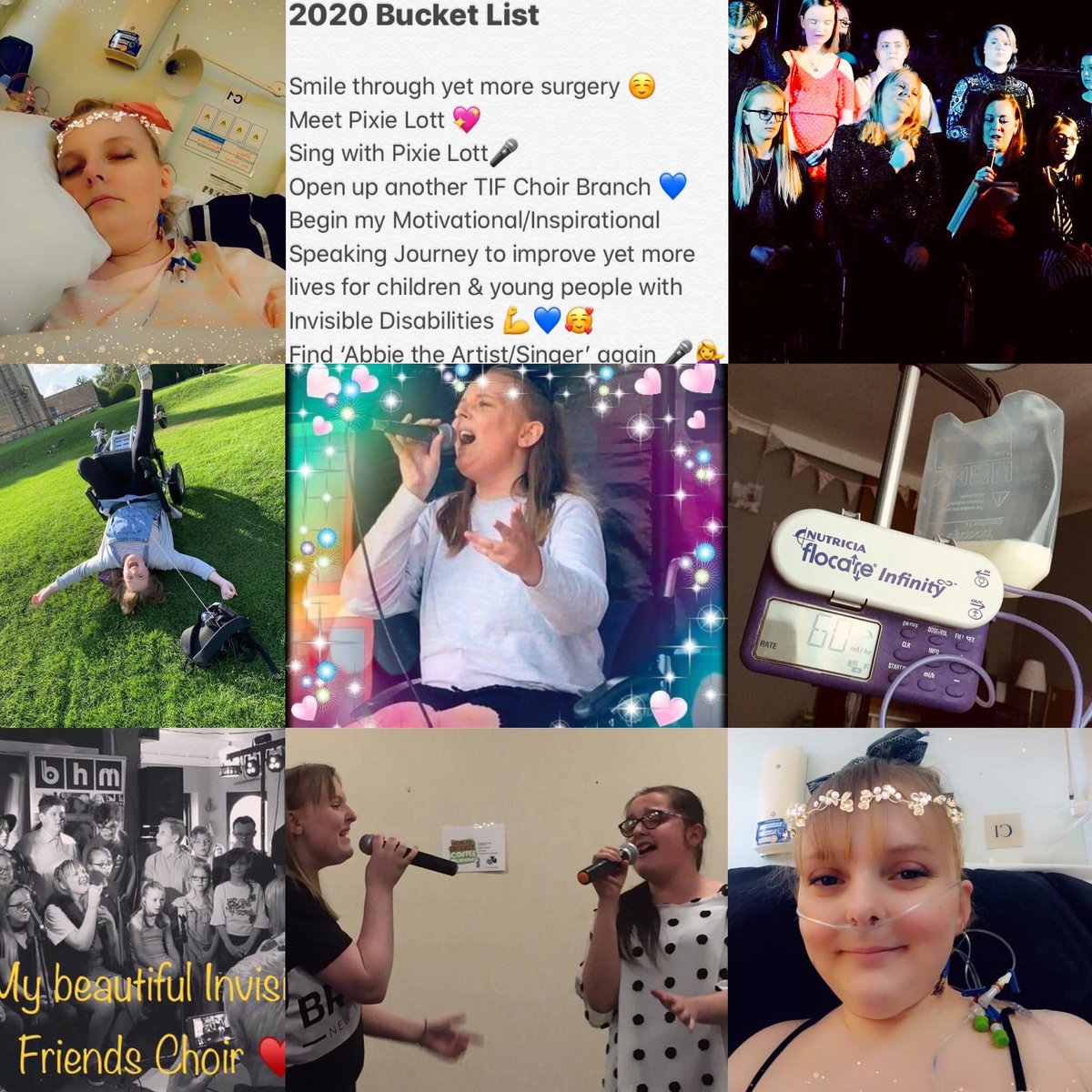 2020 Bucket List 
Meet &amp; sing with <a href="/PixieLott/">Pixie Lott</a> 
Find ‘Abbie the Artist/Singer’ again
Smile through more surgery
Keep improving the quality of lives for children &amp; young people with Invisible Disabilities through the work I do with my charity <a href="/singfor_TIF/">TIF</a>