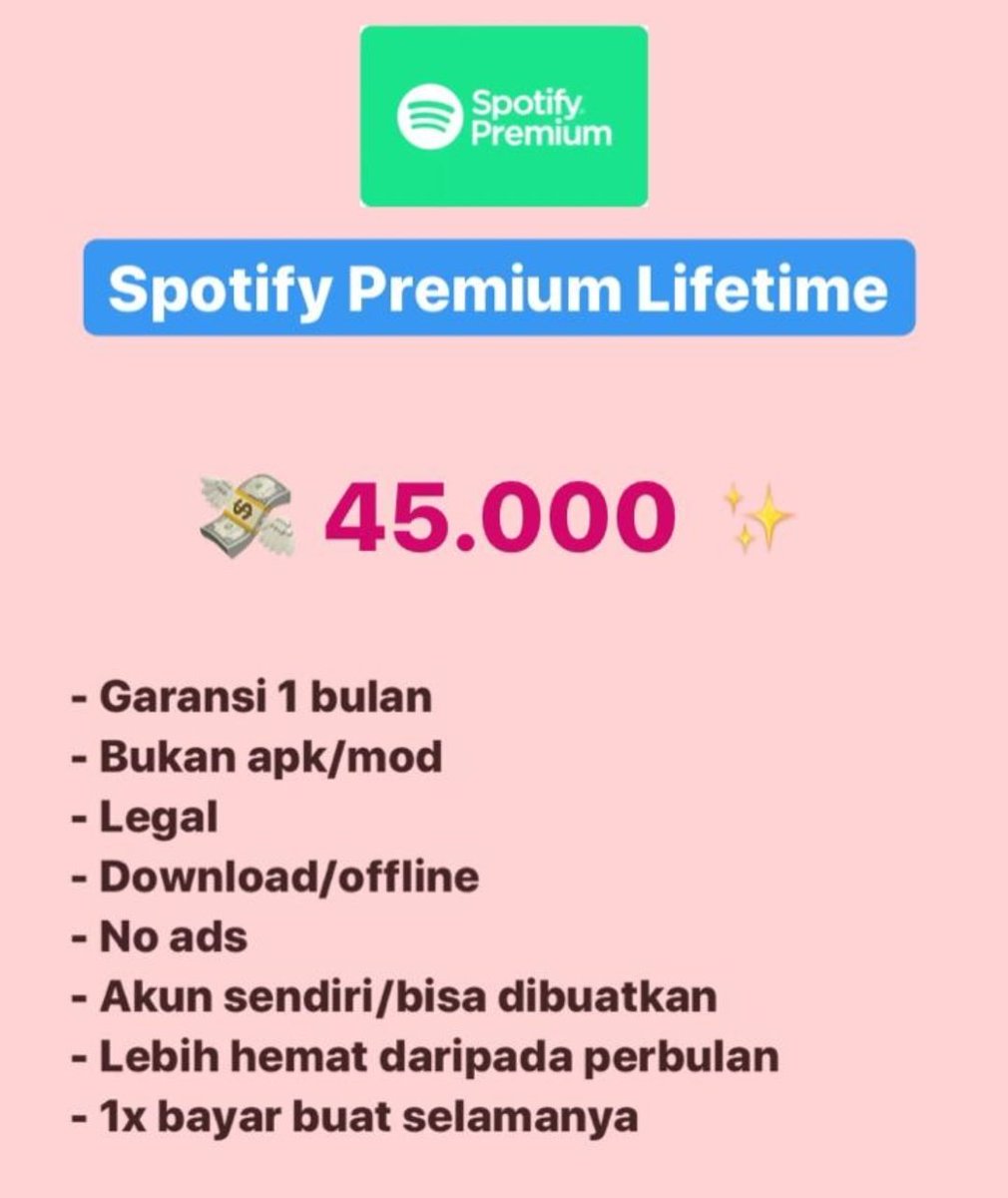 saltedcaramle's tweet photo. ✨ SPOTIFY PREMIUM LIFETIME / SEUMUR HIDUP / SELAMANYA ✨
             ❗❗ 💸45.000❗❗

📌Garansi
📌Legal
📌Lebih hemat daripada perbulan
📌1x bayar untuk selamanya

Open reseller juga yah!💓✨ https://t.co/yO6Hw67qgN