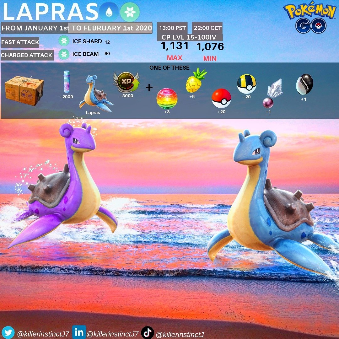 tigerinstinct7's tweet photo. #Lapras research breakthrough January reward encounter. #Stardust #xp #Rarecandy #Pinapberry #pokeball #Ultraball #sinnohstone#Unovastone #iceshard #icebeam #watertypepokemon #icetypepokemon #twitter #linkedin #tiktok https://t.co/pCFN0YtWqU