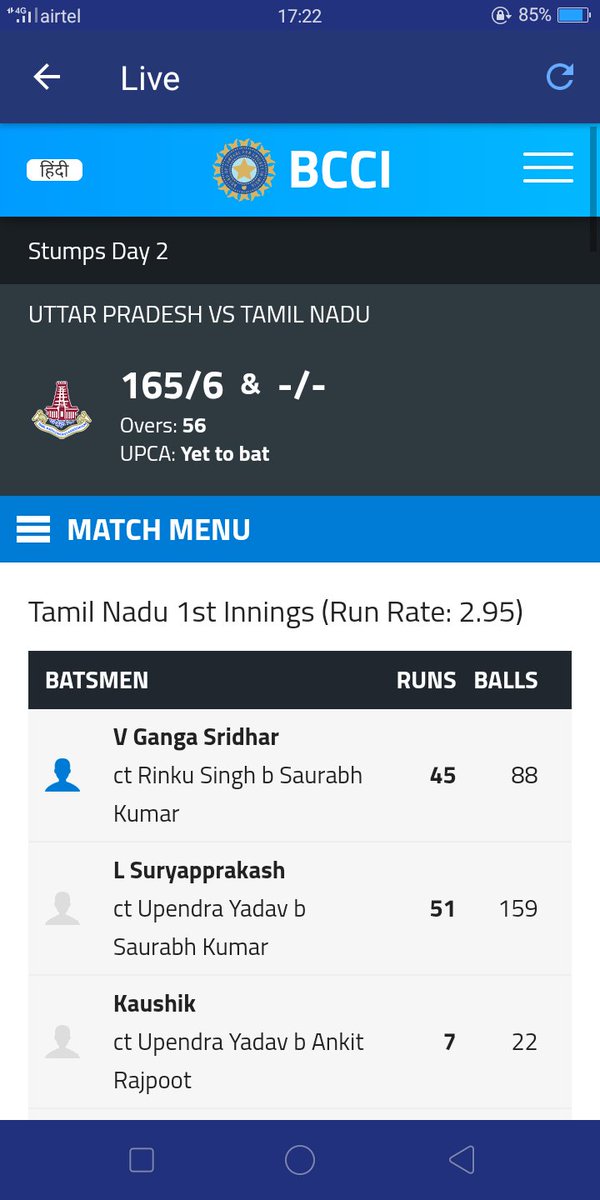 jaga3006's tweet photo. #RanjiTrophy TN slip after a strong start. Lower order needs to carry on. Battle for first innings lead begins. 2 more days left in the contest. #TNvsUP https://t.co/jyvPXEelmE