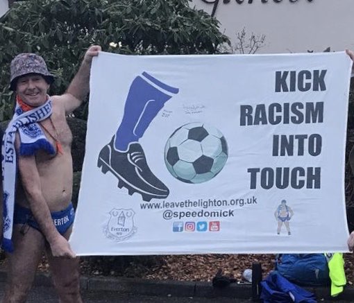 speedomick's tweet photo. Do we think we could have some of the @Everton and @LFC players sign this #kickracismintoutouch banner at the #LivEve #FAcup game tomorrow. @kickitout @SkySportsPL @premierleague @ALANMYERSMEDIA @MenInBlazers @TonyBellew #Speedomicks #1000mile #charitywalk https://t.co/gtW6JlufBt