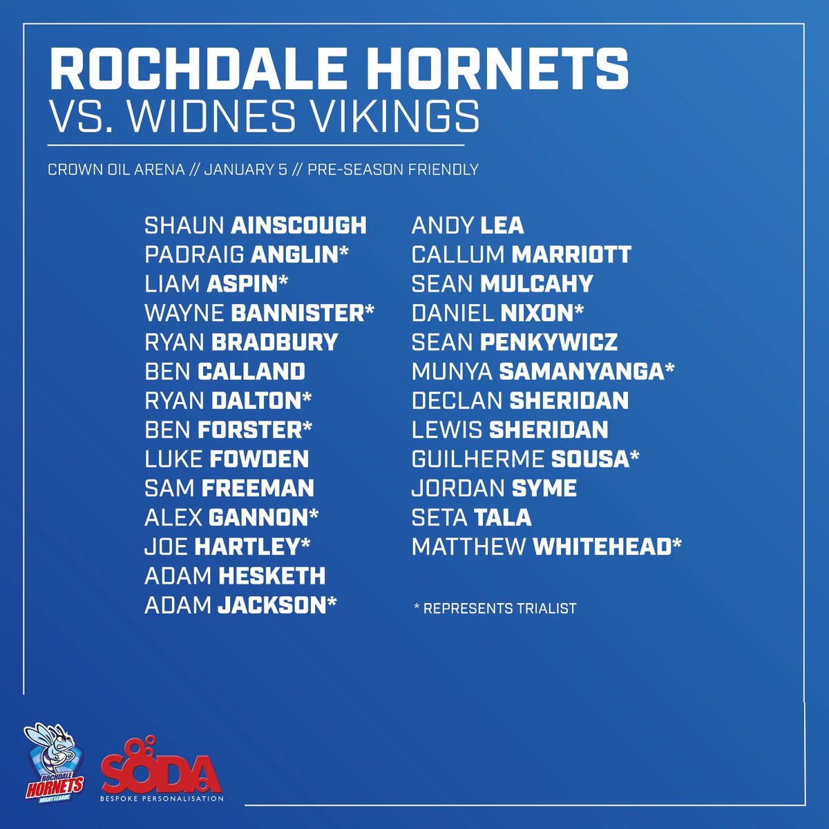 Rochdale Hornets (@rochdalehornets) on Twitter photo 👥 SQUAD | Head coach Matt Calland has named his squad for tomorrow's pre-season friendly against <a href="/WidnesRL/">Widnes Vikings</a>. 🐝🤟
🎫 Tickets are available on the day. 👥 SQUAD | Head coach Matt Calland has named his squad for tomorrow's pre-season friendly against <a href="/WidnesRL/">Widnes Vikings</a>. 🐝🤟
🎫 Tickets are available on the day.