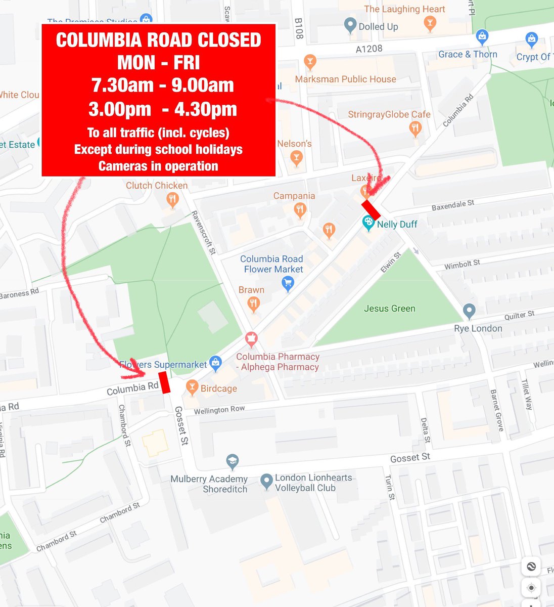 A simple solution <a href="/MayorJohnBiggs/">Mayor John Biggs</a> &amp; <a href="/TowerHamletsNow/">Tower Hamlets Council</a> - stops the ‘rat run’ past schools but allows residents, shop keepers, market access &amp; lets us go about our daily lives. Cycles included as many dangerously speed past schools in morning as children trying cross, but optional.