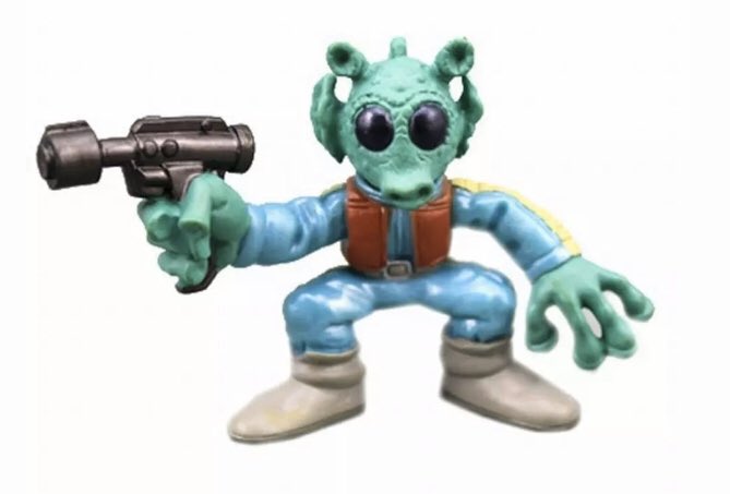 I really like a lot of these Greedos I’ve been finding? I really love Rodians in general but Greedo’s general sculpt / the color scheme he wears really, really appeals to me! Also, I don’t normally love these Playskool ones but the Greedo is SO CUTE.