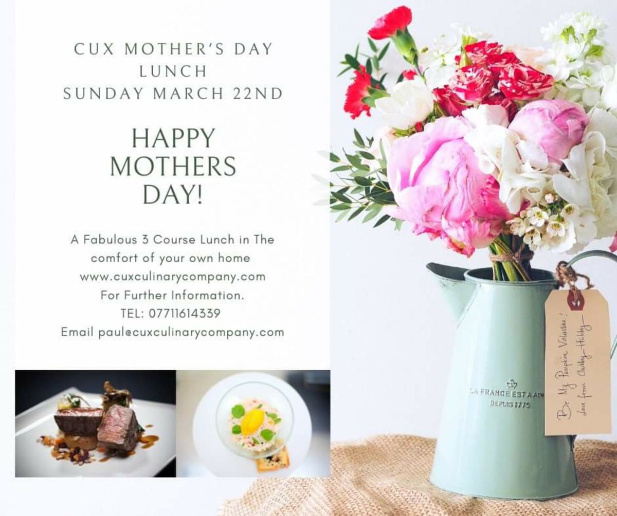 We are delighted to announce a Limited amount of availability for a Fabulous 3 Course Mothers Day Lunch on March 22nd. 
We will take care of every aspect of your Mothers Day Lunch allowing you all to enjoy that most special of days 
paul@cuxculinarycompany.com
TEL: 07711614339