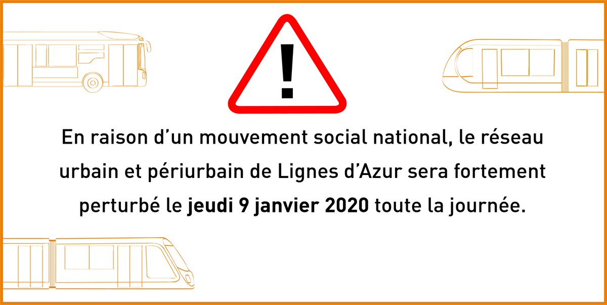 lignesdazur's tweet photo. ⚠️ Mouvement social national ! Le réseau urbain et périurbain de Lignes d'Azur sera fortement perturbé le jeudi 9 janvier 2020 toute la journée. 🚍🚊
Retrouvez le détail des lignes perturbées ici ➡️ https://t.co/Q88ndnlwym
@infolignesdazur https://t.co/NwkqmNrDAP