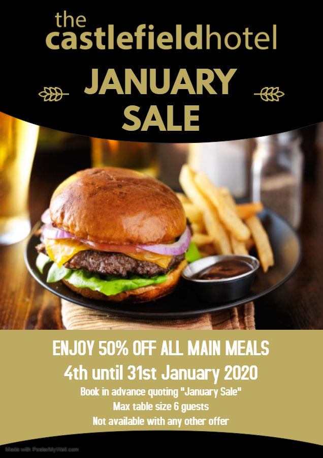 TheCastlefield's tweet photo. JANUARY SALE

Enjoy 50% off all main meals.

Book in advance quoting "January Sale". Max table size 6 people. Not available wit any other offer

#castlefield #sale # food #mains #burgers https://t.co/KUASpTmVwK