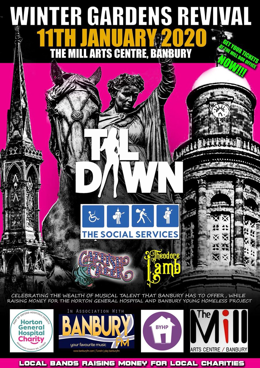 1 week to go!!! Can’t wait to get our rock on with some awesome local bands.
Social Services, Catfish Creek &amp; Theodore Lamb. Get your tickets from the Mill Banbury before they run out