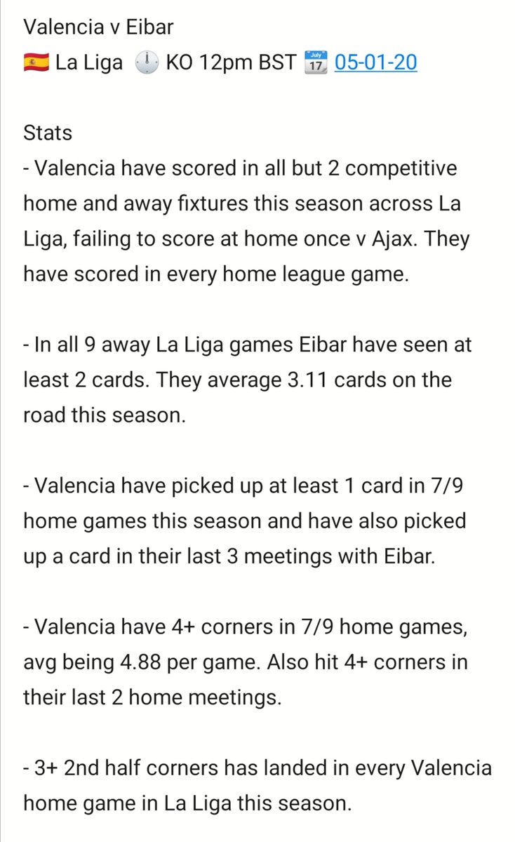 PubPunts's tweet photo. 3 bets today. Will be released as time goes on. First one up will be in Spain at 12pm.

🇪🇸 La Liga
🆚 Valencia Eibar
1.8 odds
2U advised

Stats below done with my own research and support from @DailyStatCards

Likes / RTs appreciated as always. 👍

#OnsideOllie 👦🏻⚽ https://t.co/gg57DwkjTG