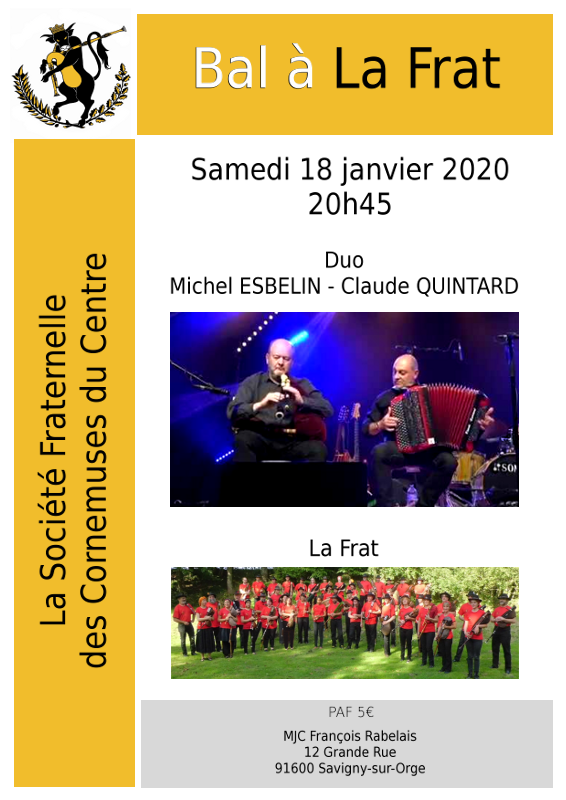 MJCRABEALAIS's tweet photo. #savignysurorge #MJC_Rabelais #cornemuse #cabrette #cabretaire
MJC Salle Rabelais
Samedi 18 janvier 20h45
Avec le duo Claude Quintard/Michel Esbelin
Tarifs : 5,00€
Renseignements 01 69 96 64 95
ou mjcsavigny@gmail.com
Plus d'infos : https://t.co/uPdAV3V7Ks https://t.co/7KKwKl5qIf