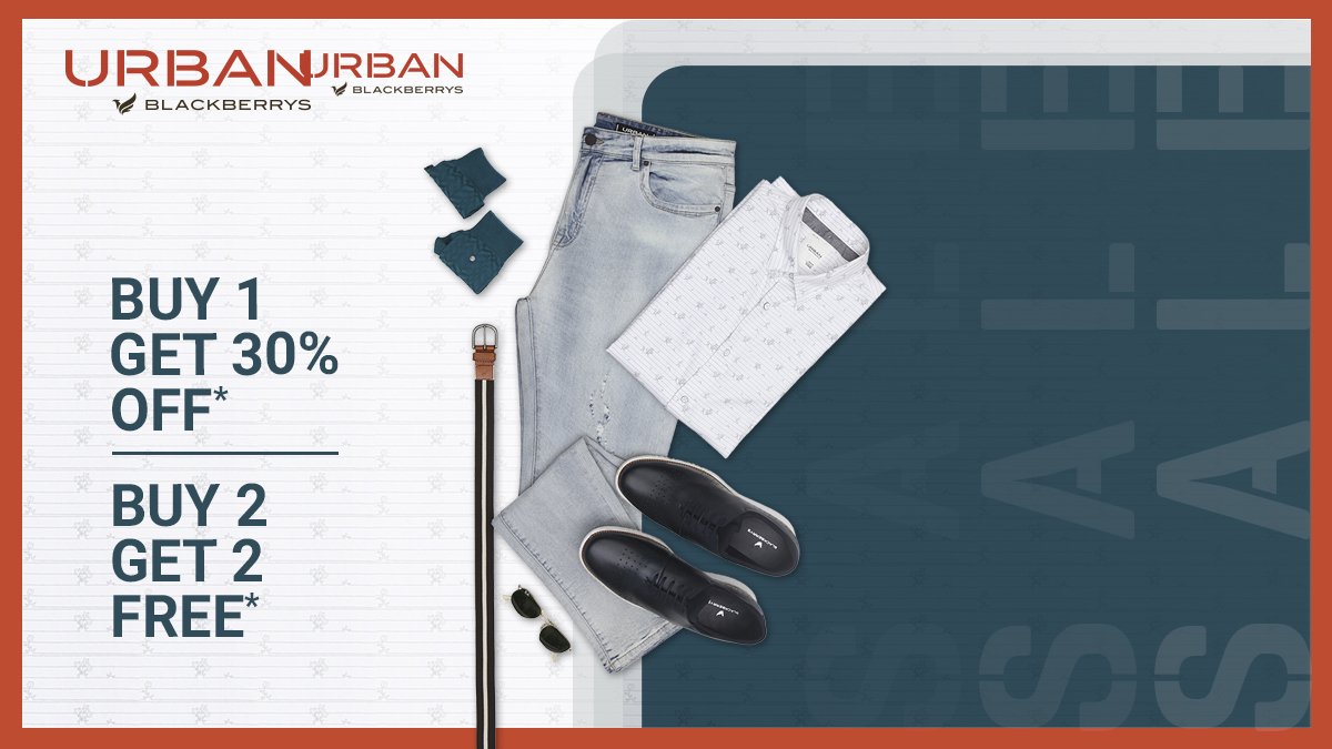 UrbanBB's tweet photo. Buy any 1 and get flat @ 30% off, Buy 2 and Get 2 free ! With Urban Blackberrys End of Season Sale.
Hurry, walk into your nearest #UrbanBlackberrys store

#BeCurious #TheMostAwaitedSale  #Wanderlust #KeepRising #Fashion #Menswear #Sale #Blackberrys
#ArtOfDenim #Artsystripes https://t.co/nW6OK32Cno