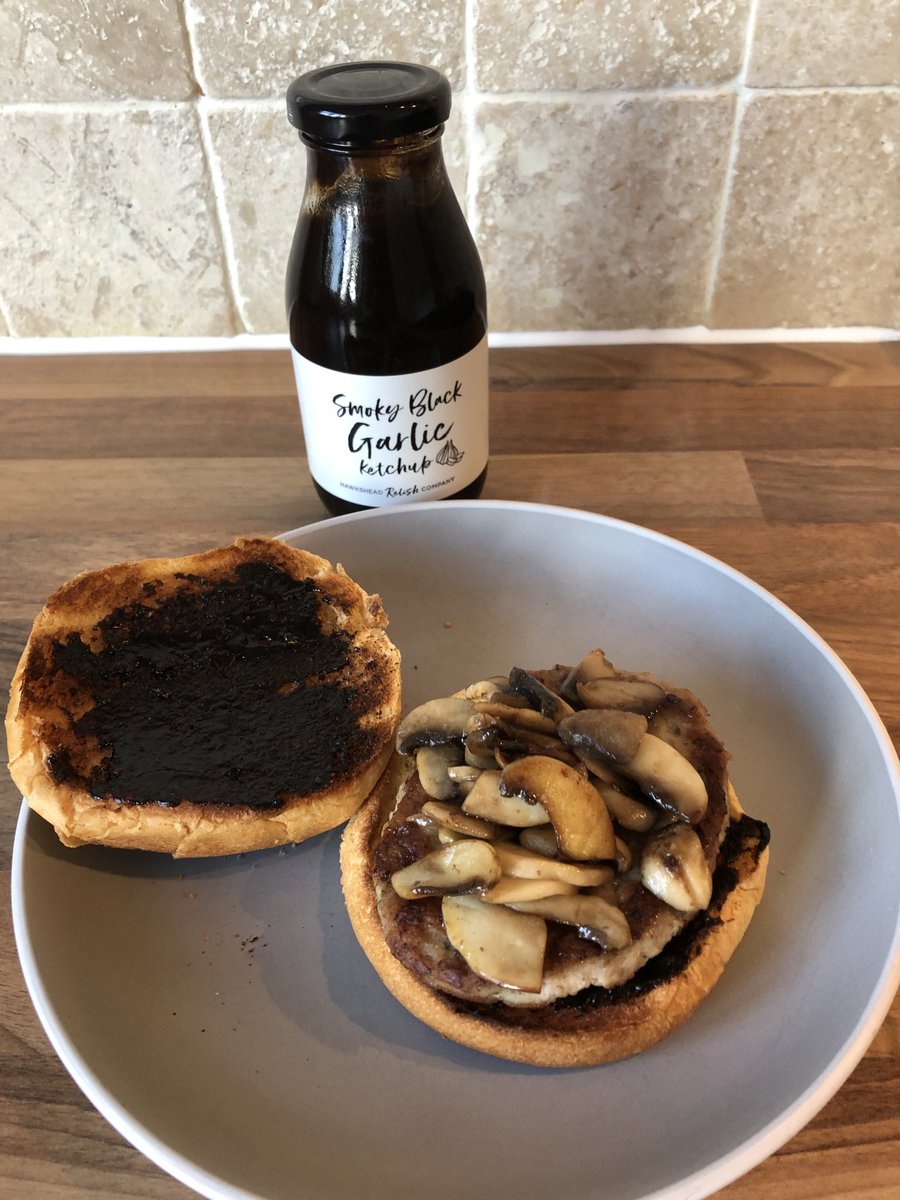 martin_ion's tweet photo. Fed up of Christmas food - smoky black garlic ketchup with pork Pattie with mushrooms on brioche bun - lovely. #hawkshead relish company https://t.co/oz6ZLTARj7