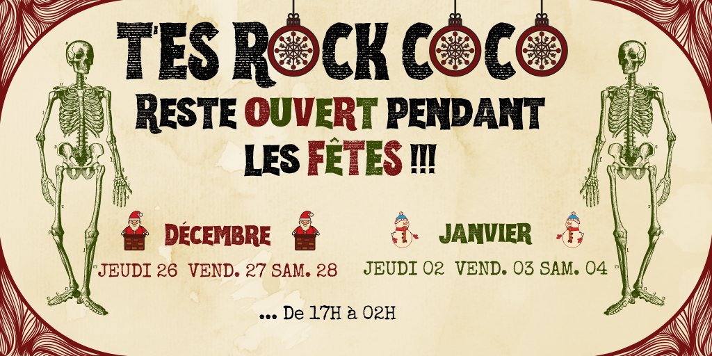 TesRockCoco's tweet photo. 🎷💀🎷Le T'es Rock Coco Reste Ouvert Pendant les Fêtes du Jeudi au Samedi de 17H à 02H 🎷💀🎷

#angers #tesrock #theatre #Jazz #angersmaville #angersculture #bar #cafeconcert #ladoutre #angersinfo #cultureangers #angersbynight #angerstourisme  #jaimelanjou #angersmaville https://t.co/kzBoLDFDNV