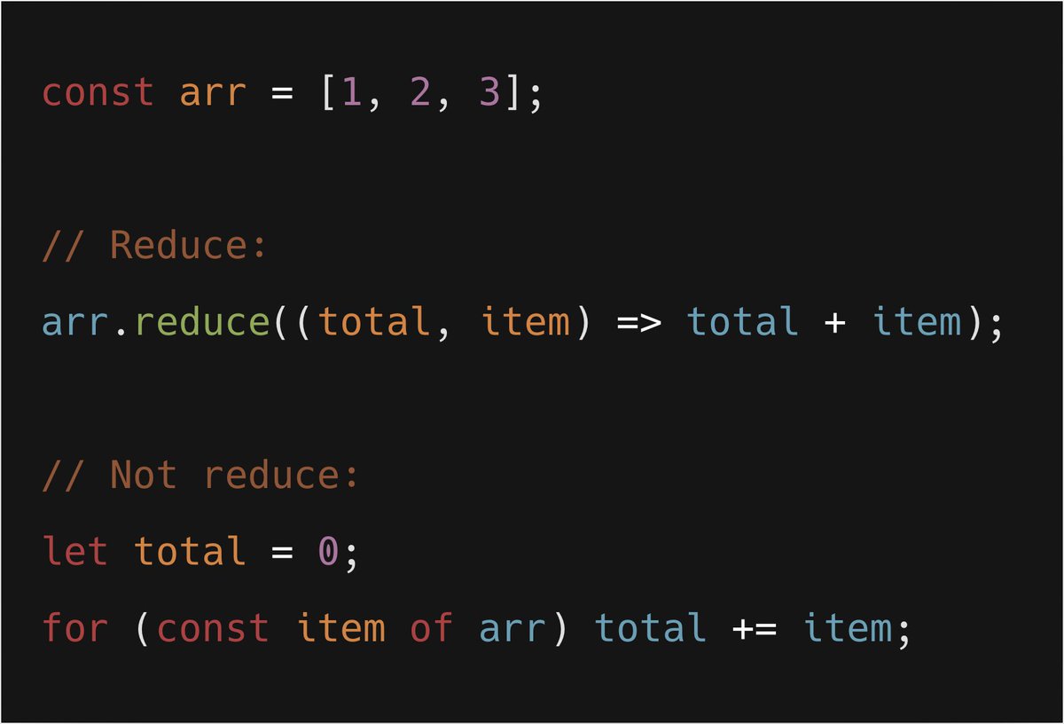 Ok, I've been asking folks for good examples of reduce, and they fall into a few categories. Here's what I've seen:SUMS! Yes, this is the textbook example, and one of the few ok uses of reduce. The reduce example is probably better here.
