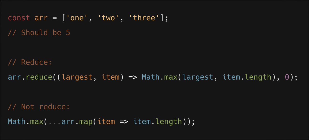 Another interesting example was "getting the size of the largest string". Again, I find the map + max version better describes the intent."Is the length of the first item bigger than the biggest item so far? If so, remember it"vs"Get all the lengths, give me the biggest"