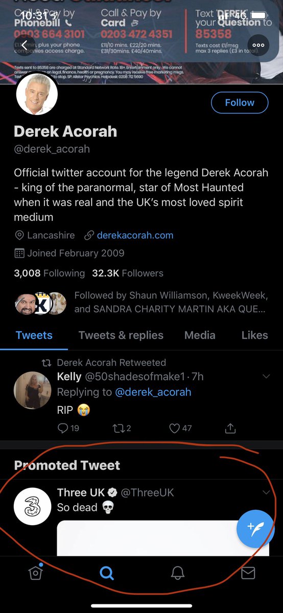 FunkyPixelUK's tweet photo. What amazing ad placement by .@ThreeUK or is this a collaboration with .@derek_acorah from the other side https://t.co/MxPaiGb70R