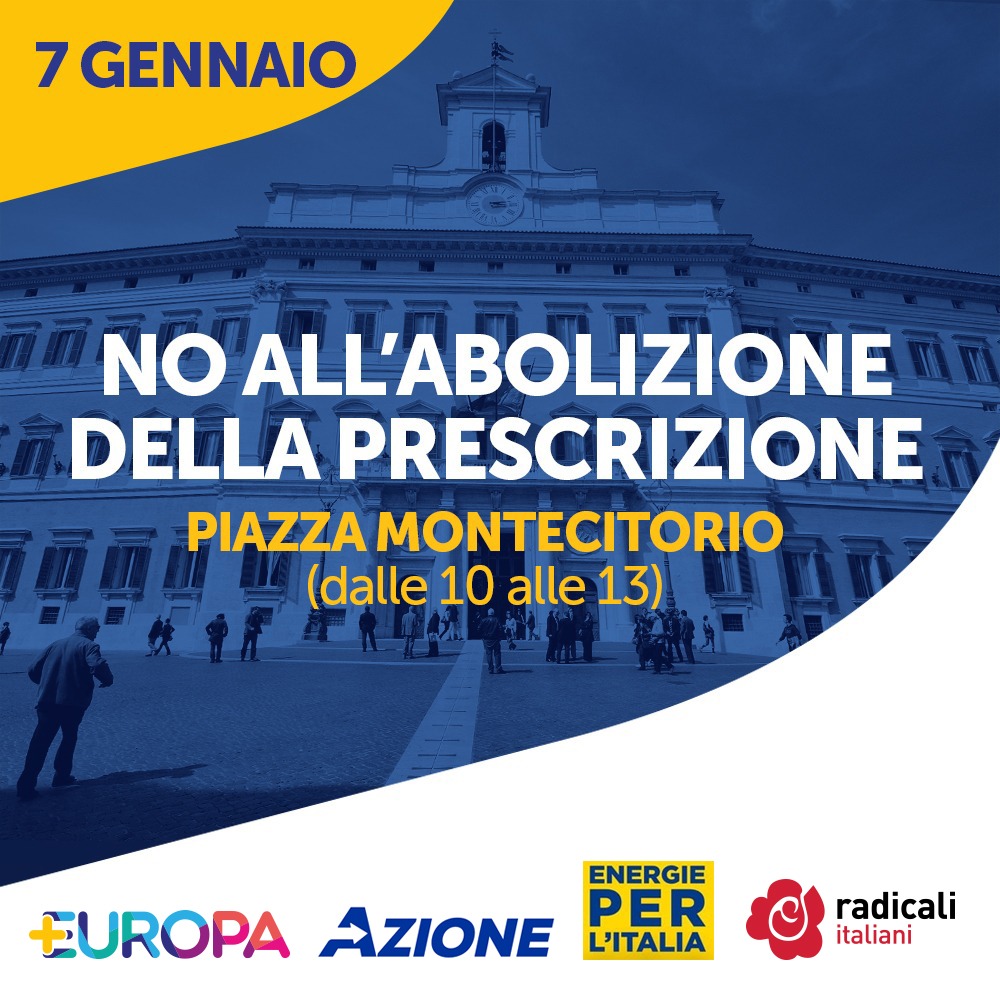 ❌NO ALL'ABOLIZIONE DELLA #PRESCRIZIONE

Il 7 gennaio saremo in Piazza Montecitorio con <a href="/Piu_Europa/">Più Europa</a>, <a href="/energieper/">Energie PER l'Italia</a> e <a href="/Radicali/">Radicali Italiani</a> per fermare una riforma illiberale.

Guarda gli interventi di #PrescrizioneMai: bit.ly/Prescrizione_M…