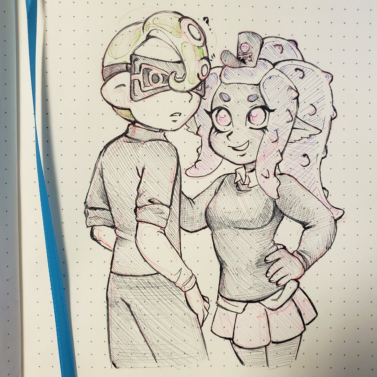 RollerMess's tweet photo. Pen doodles. First one for my sis and her boyfriend. Second of my inksona. Third is Pearl! #splatoonoc #splatoon2 #inksona #offthehookpearl https://t.co/kmQaO3PI0A