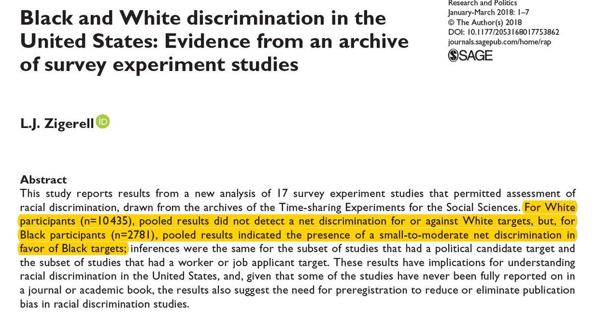 Zigerell's  @LJZigerell great forensic work uncovering 17 UNPUBLISHED-yes, countem 17, national experiments w/representative samples, totaling>10k participants finding...ready?...no evidence of racial bias among whites (but ingroup favoritism among blacks). https://journals.sagepub.com/doi/full/10.1177/2053168017753862