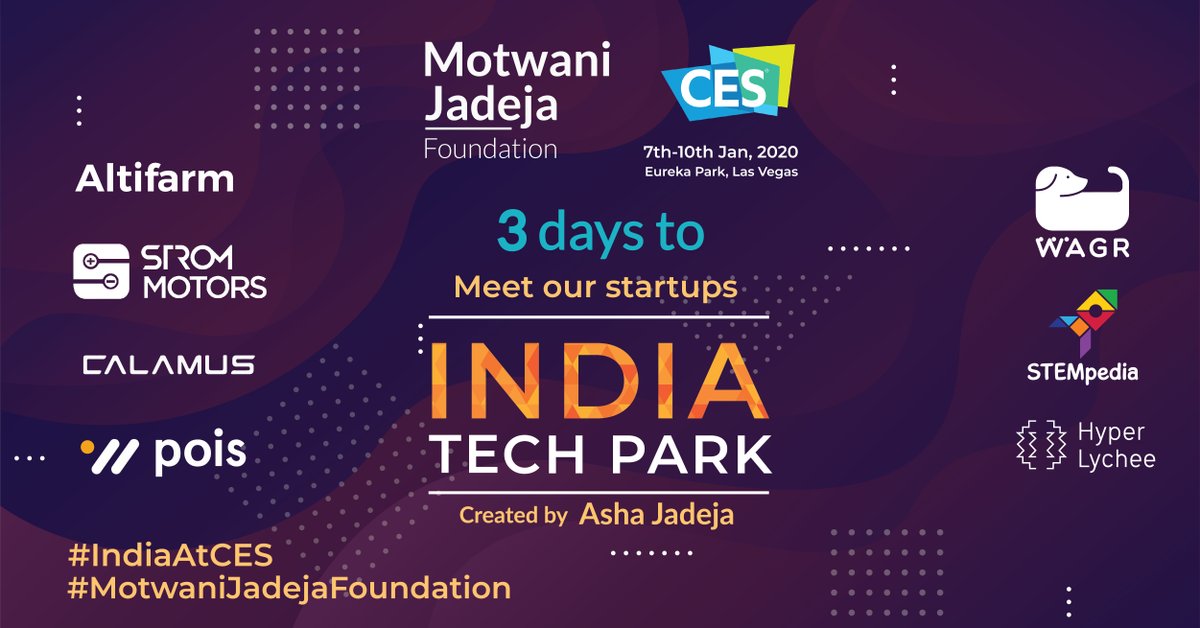 MotwaniJadeja's tweet photo. Countdown begins !
Only 3 days to go for #CES2020 India Pavilion created by Motwani Jadeja Foundation. Visit us at Booth 51836 , Eureka Park (The Venetian) , Las Vegas to meet India's young entrepreneurs.
#IndiaAtCES #MJFCES2020 #MotwaniJadejaFoundation #Indian https://t.co/9TdDZGZCon