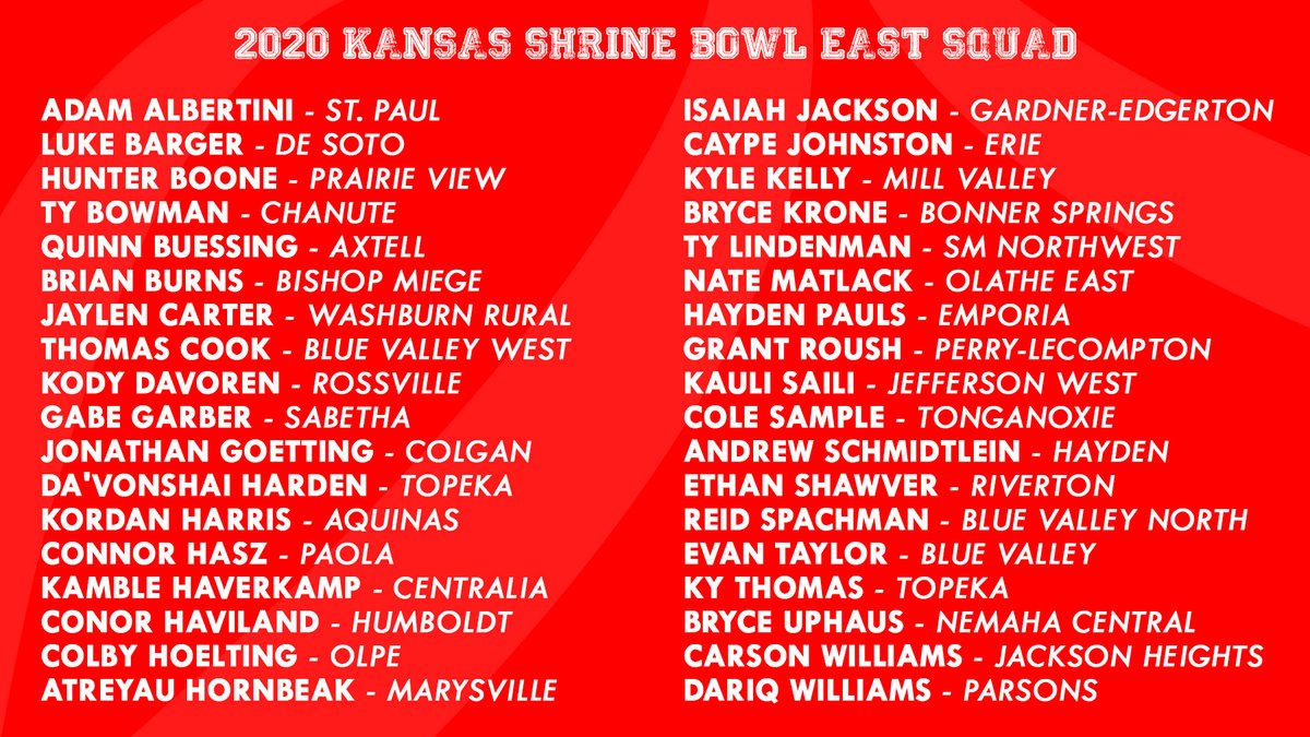 Your 2020 Kansas Shrine Bowl East Squad! If you want see Chet Kuplen from Sports In Kansas break down the selections, go watch it here! bit.ly/2QiGJeA and at KansasShrineBowl.com