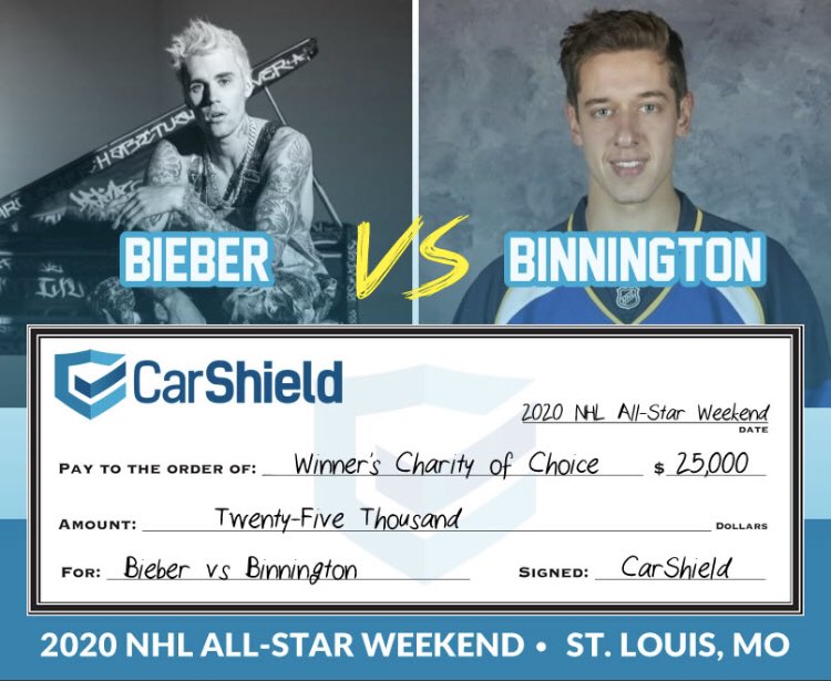 Hey <a href="/justinbieber/">Justin Bieber</a> and <a href="/binnnasty/">Jordan Binnington</a>, we challenge you to bring your challenge to the 2020 <a href="/NHL/">NHL</a> All-Star Weekend in St. Louis and we will add $25,000 to the winner's charity of their choice! <a href="/StLouisBlues/">St. Louis Blues</a>  #BieberVsBinnington #NHLAllStarWeekend <a href="/NAPHL/">NAPHL</a> @CarShieldUSA <a href="/STLBLUESYH/">Blues Youth Hockey</a>
