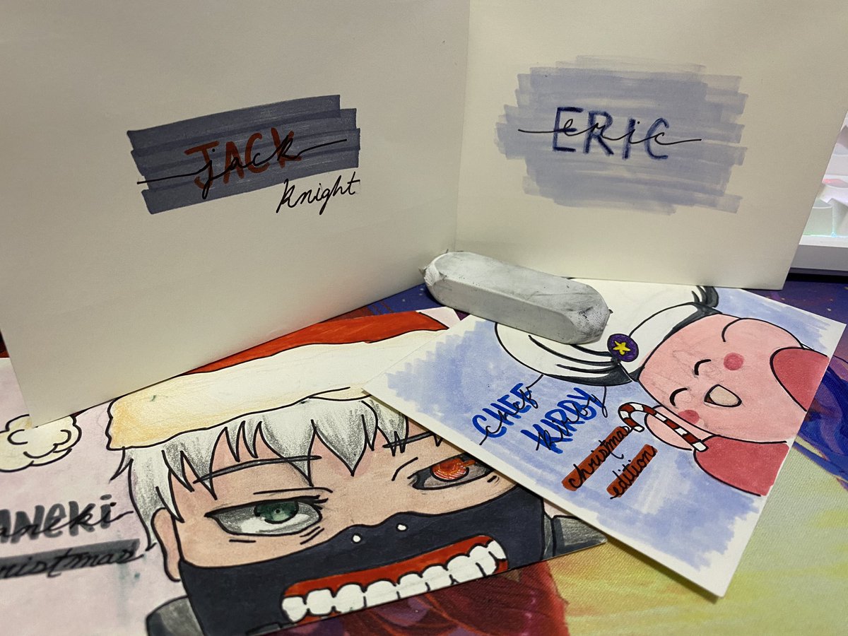 maiyyen's tweet image. I finished more #carddesigns but didn’t seem to finish them all... rip what to do school starts in two days ;-; here’s two more I finished: #kaneki and #Chefkirby