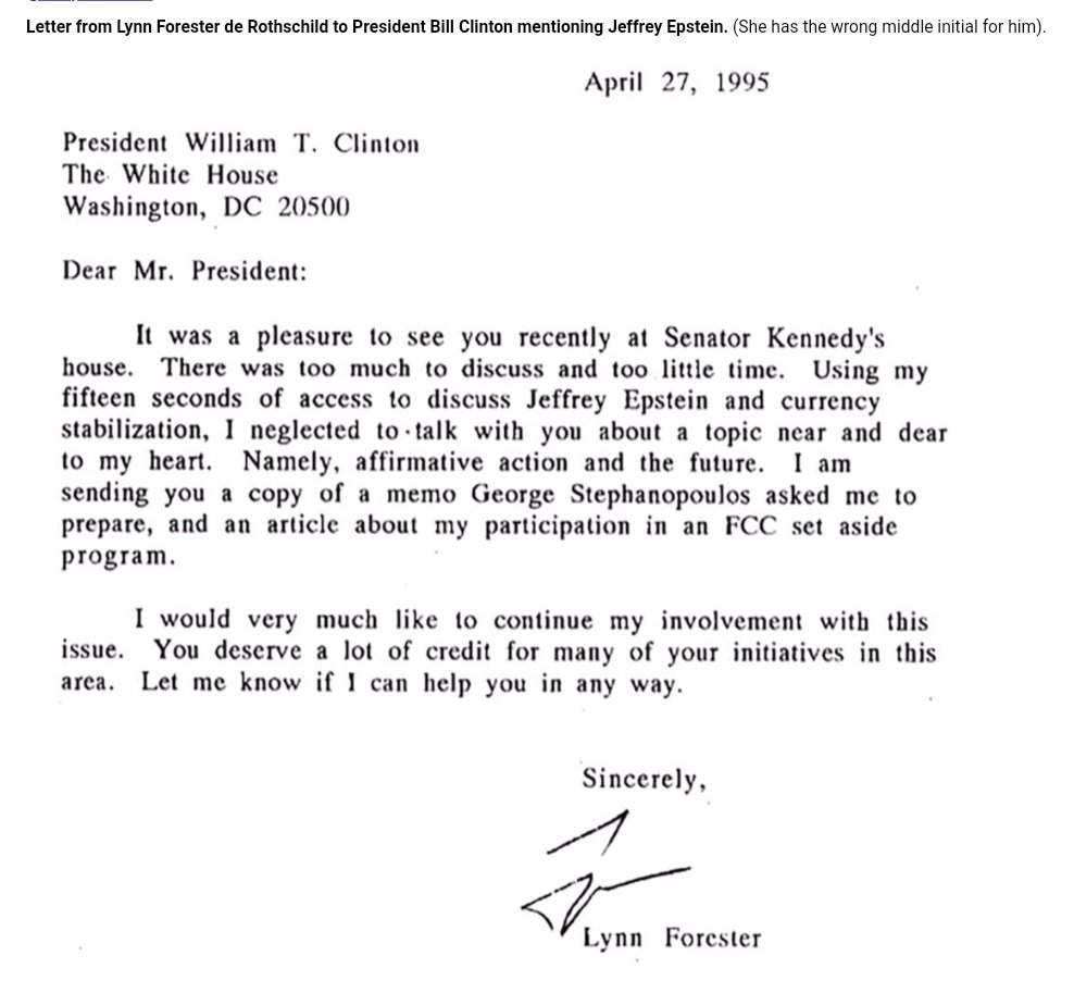 15 seconds:I wonder what Outward Bound director Lynn Forester had to say to Bill Clinton about their joint friend Jeffrey Epstein in those precious 15 seconds referred to in her letter dated April 27, 1995? His proclivities, perhaps?