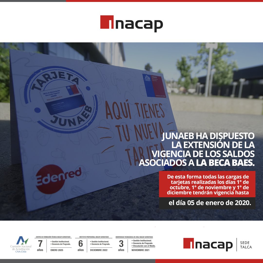 Inacap_Talca's tweet photo. ATENCIÓN estudiantes 🤓☝️ JUNAEB ha dispuesto la extensión de la vigencia de los saldos asociados a la beca BAES. 💰🔔
-
Las cargas de tarjetas realizadas los días 1 de octubre; 1 de noviembre y 1 de diciembre tendrán vigencia hasta el día 05 de enero de 2020. https://t.co/Ne8nEr628c