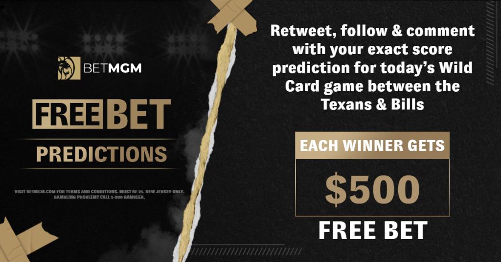 🚨 𝐅𝐑𝐄𝐄 𝐁𝐄𝐓 𝐏𝐑𝐄𝐃𝐈𝐂𝐓𝐈𝐎𝐍 🚨

The Free Bet Prediction is now at $500! Comment with your exact score prediction for today’s Wild Card  game between the Texans &amp; Bills!

-RT &amp; Follow
-Comment Exact Score
-One entry per person
-T&amp;Cs apply