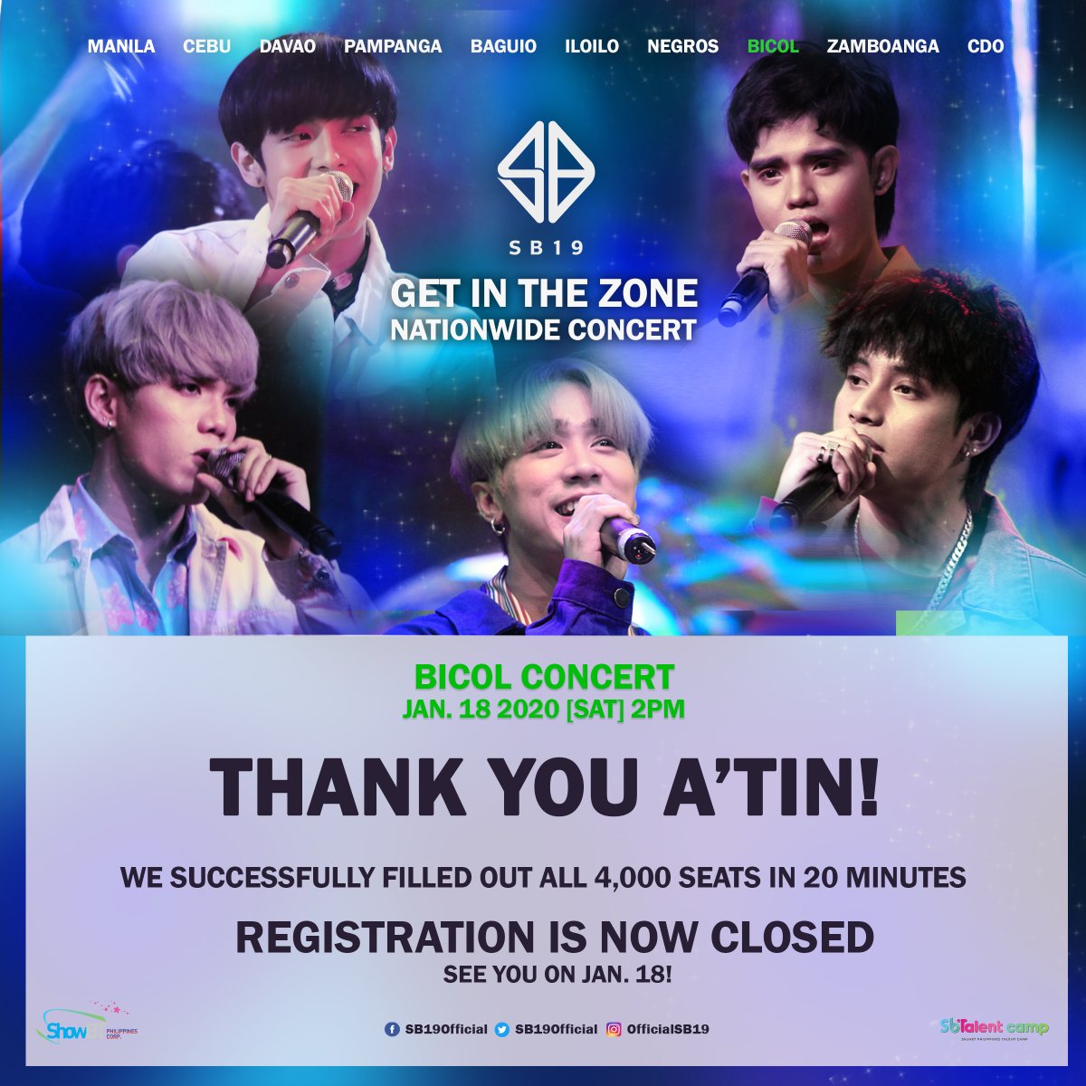 SB19Official's tweet photo. A'TIN, we successfully filled out all 4,000 seats in just 20 minutes! Thank you very much for patiently waiting. 

See you all on January 18! 💙

#SB19inBICOL #SB19 #SB19_JUSTIN #SB19_JOSH #SB19_SEJUN #SB19_KEN #SB19_STELL https://t.co/eOS9RpnOc1