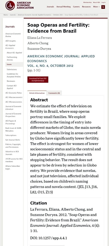 El poder de las telenovelas no son algo de subestimar. 📺 

En Brasil 🇧🇷, la evidencia nos muestra que una novela con familias pequeñas redujo significativamente la fertilidad en las zonas que tenía cobertura.

¿Cuál será el efecto de las narconovelas de <a href="/GustavoBolivar/">Gustavo Bolívar</a>?