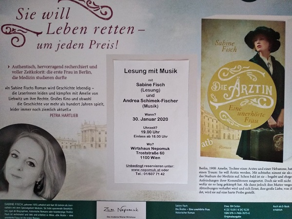 Fischismus's tweet photo. Am 30.1. lese ich im Gasthaus "Zum Nepomuk" aus meinem Romanerstling "Die Ärztin - eine unerhörte Frau". Infos im Bild. Es wird spannend und musikalisch begleitet mich Andrea Schimek-Fischer auf der Querflöte. Reservieren unbedingt notwendig. Kommet zuhauf! https://t.co/4CJ4nINJN3
