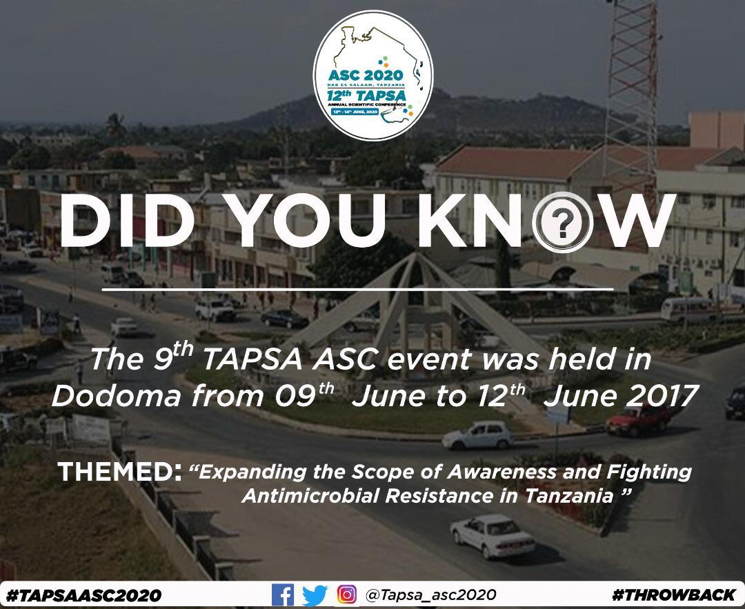 TAPSA_Asc2020's tweet photo. [DID YOU KNOW?] 

The 9th TAPSA ASC was hosted in June 2017 in Dodoma themed

_Expanding the scope of awareness and fighting Antimicrobial Resistance in Tanzania_

Follow @tapsa_asc2020 on Twitter, Instagram and Facebook for more..
#throwback
#12th_ASC
#TAPSAASC2020
#TAPSA https://t.co/fz99kXr8yp