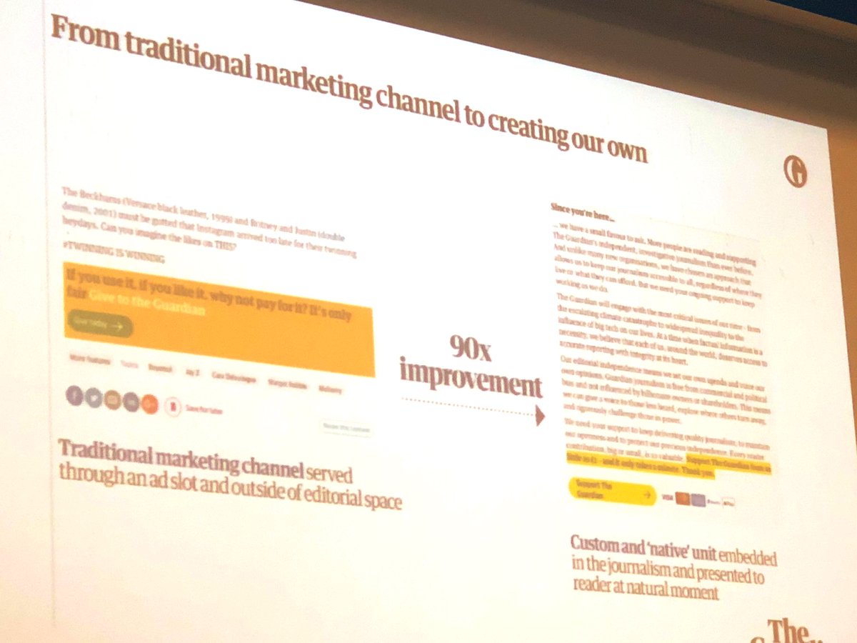 Impressive numbers: <a href="/guardian/">The Guardian</a> saw 90 times the effect when they moved from banner ad based call to actions to a more native model.
#journalism #dkmedier