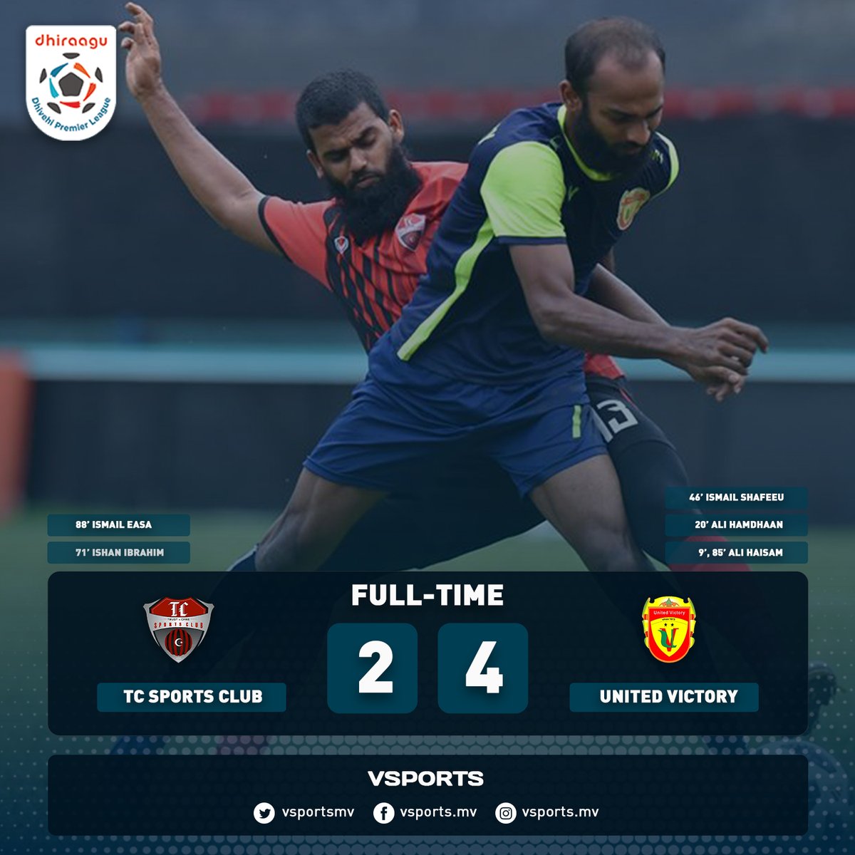 VSportsmv's tweet photo. Dhiraagu Dhivehi Premier League 2019-2020

Match 71:
@TC_Fraternity 2-4 United Victory

Man of the Match: Ali Haisam (UV)

#VSports https://t.co/y26IK3zOCi