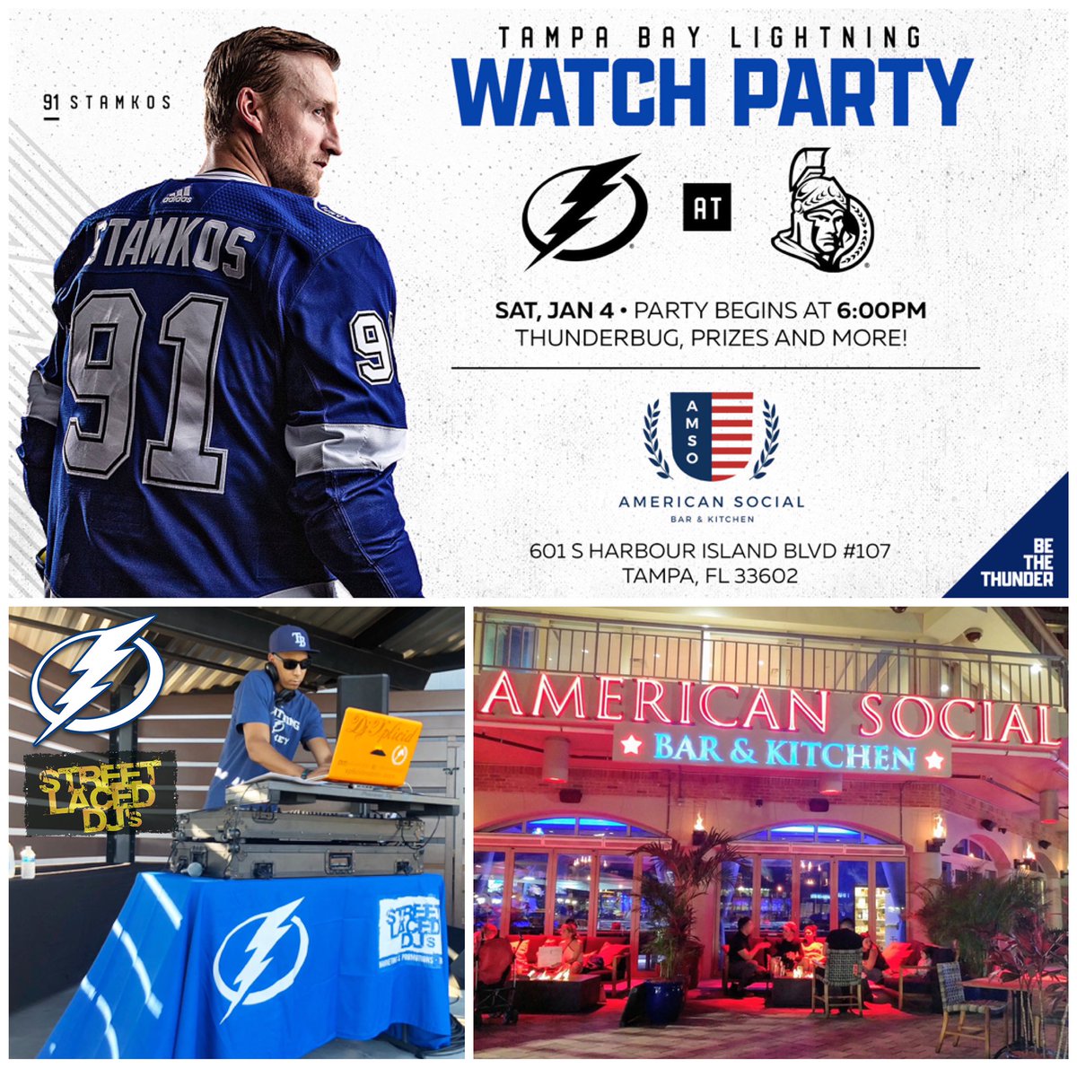 #BoltsNation⚡️

We hope to see YOU at @AmSoTampa for tonight’s OFFICIAL @TBLightning Watch Party! Bolts looking for their 6th straight WIN!

#StreetLacedDJs own @djxplicid on the set along with @ThunderBugTBL, #BoltsBlueCrew, Giveaways & more! 
@Tampasdowntown @NHL @CityofTampa