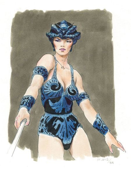 Spotlight on MASTERS OF THE UNIVERSE character, Evil-Lyn. I owned the figure, you know. She was one of my favorites.
Sophia Loren, eh?
The figure design is by Colin Bailey; the second and third are for the 1987 movie, by Ralph McQuarrie and Claudio Mazzoli respectively.