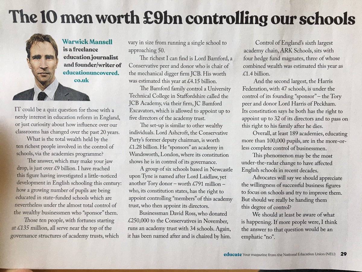 “The 10 men worth £9bn controlling our schools” by <a href="/warwickmansell/">Warwick Mansell</a> in the <a href="/NEUnion/">National Education Union</a> magazine