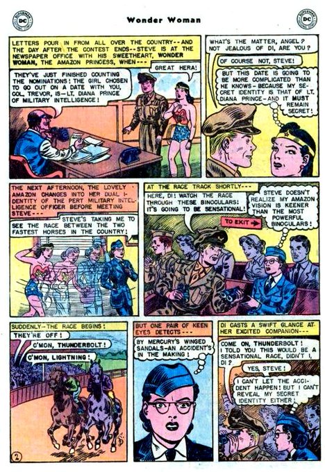 1942年登場のワンダーウーマンことダイアナ・プリンス(DC)、1943年登場のミス・アメリカことマデリーン・ジョイス(MARVEL)も、一般人として過ごす普段の姿は眼鏡っ娘だったようなので、「眼鏡っ娘がセクシー美女に変身」パターンの起源はかなり古そうです https://t.co/tUOu5f4j57 