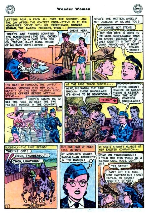 1942年登場のワンダーウーマンことダイアナ・プリンス(DC)、1943年登場のミス・アメリカことマデリーン・ジョイス(MARVEL)も、一般人として過ごす普段の姿は眼鏡っ娘だったようなので、「眼鏡っ娘がセクシー美女に変身」パターンの起源はかなり古そうです https://t.co/tUOu5f4j57 