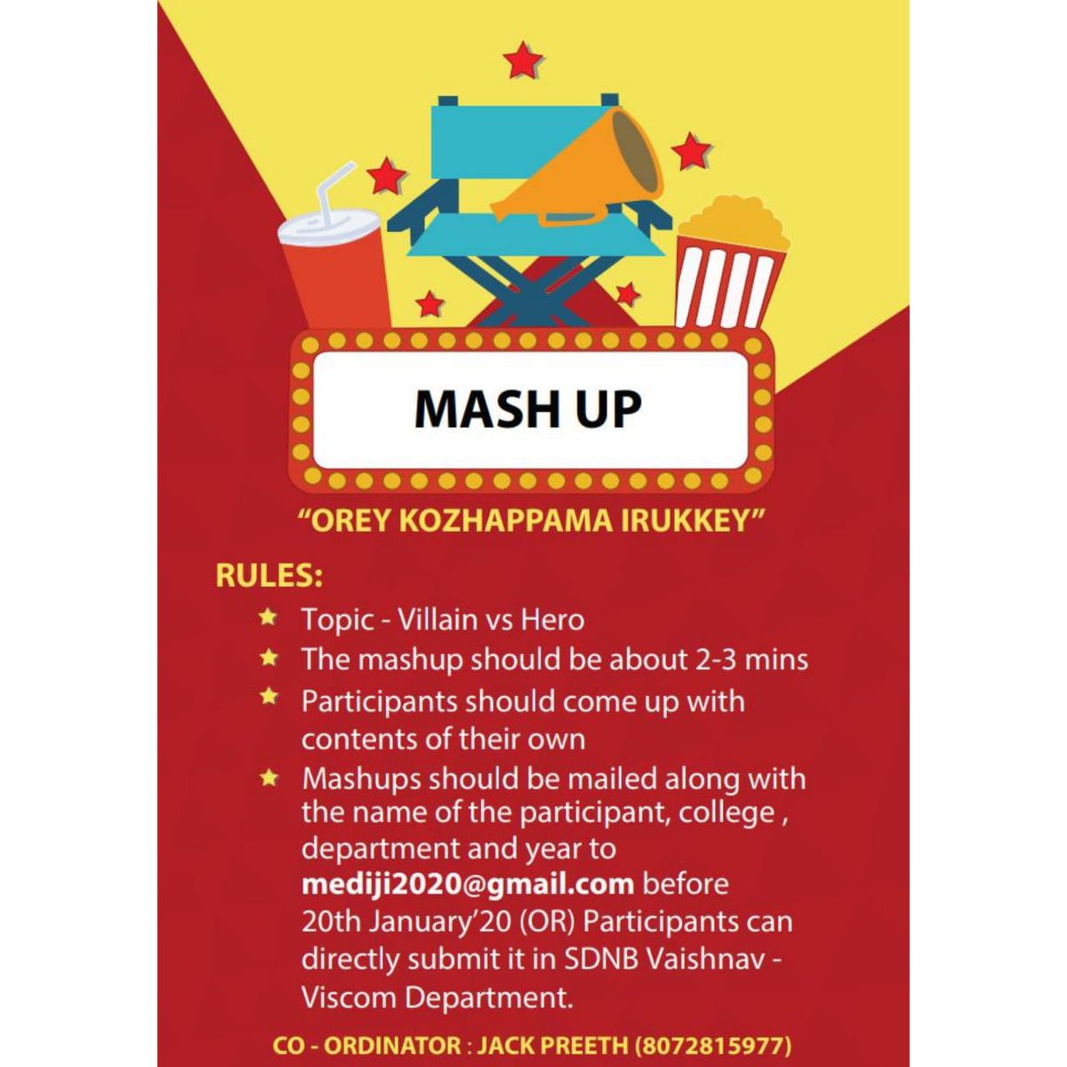 2020Mediji's tweet photo. Online event : Mashup 

For further details DM on Twitter or Instagram and mail us at mediji2020@gmail.com 
#mediji2020 #mediji #cultural #sdnbvc #sdnb #viscom #viscomites #media #culturalfest #collegefest #kollywood #villian #hero #Tamil #follow #like #Share #TamilNadu https://t.co/GLUNnpQzW2