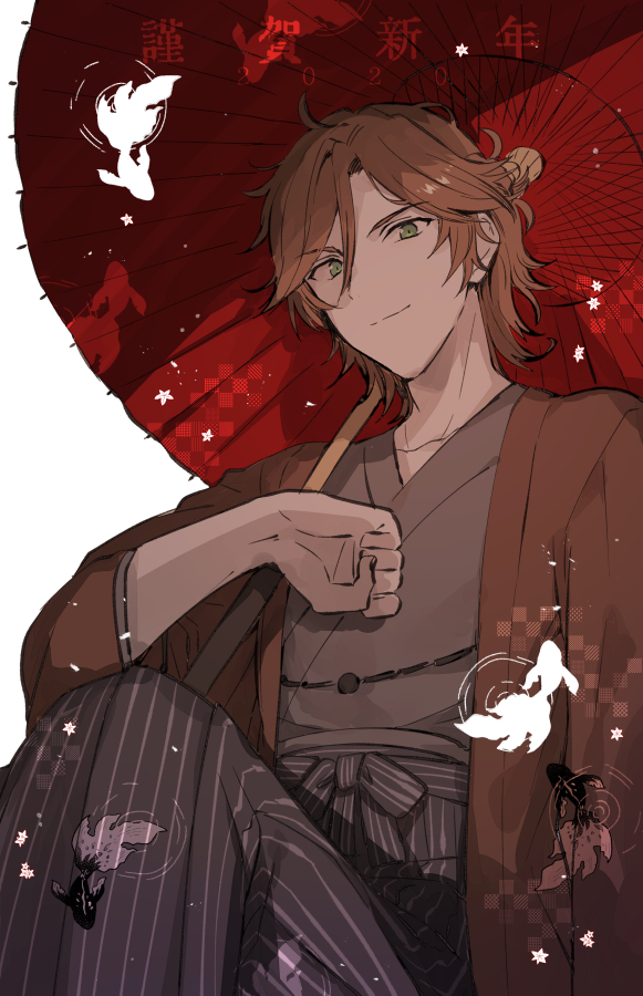 1boy japanese clothes male focus umbrella green eyes brown hair solo  illustration images